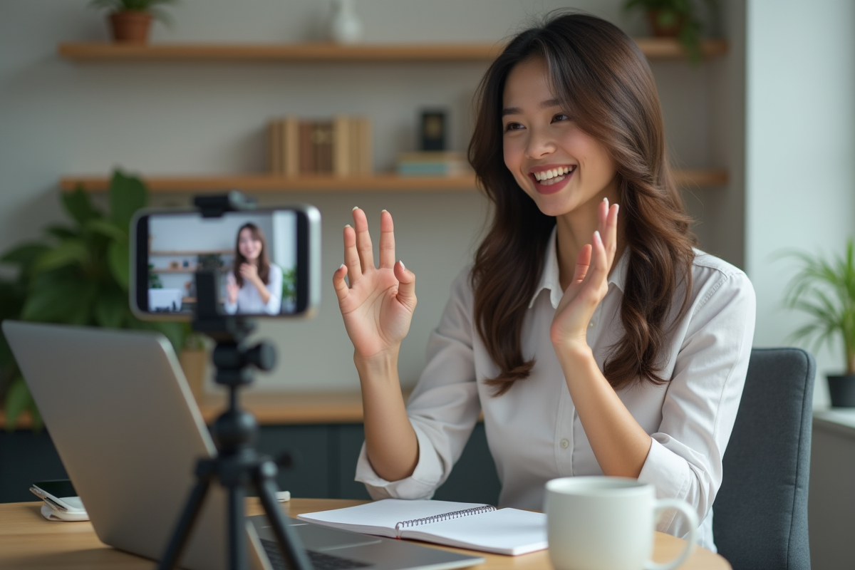 Jeune femme souriante en vidéo à domicile avec smartphone