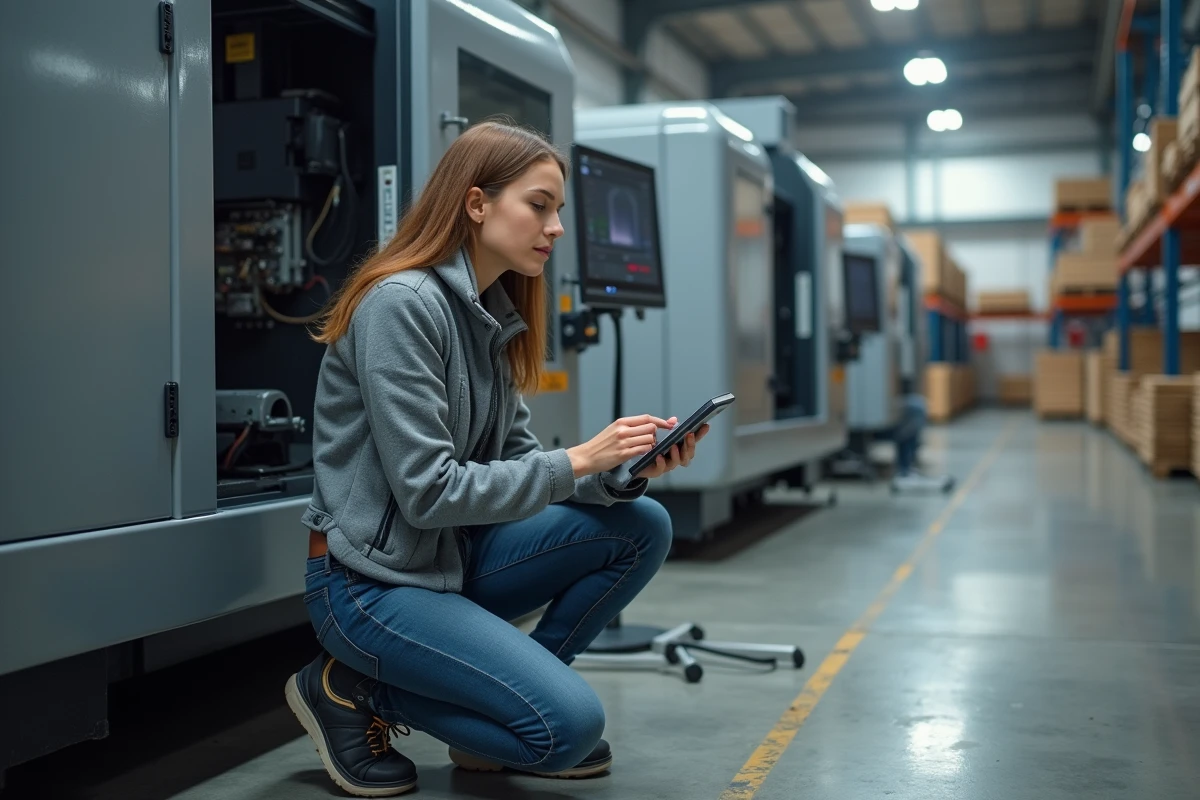 Jeune femme inspecte une machine CNC avec un appareil de diagnostic