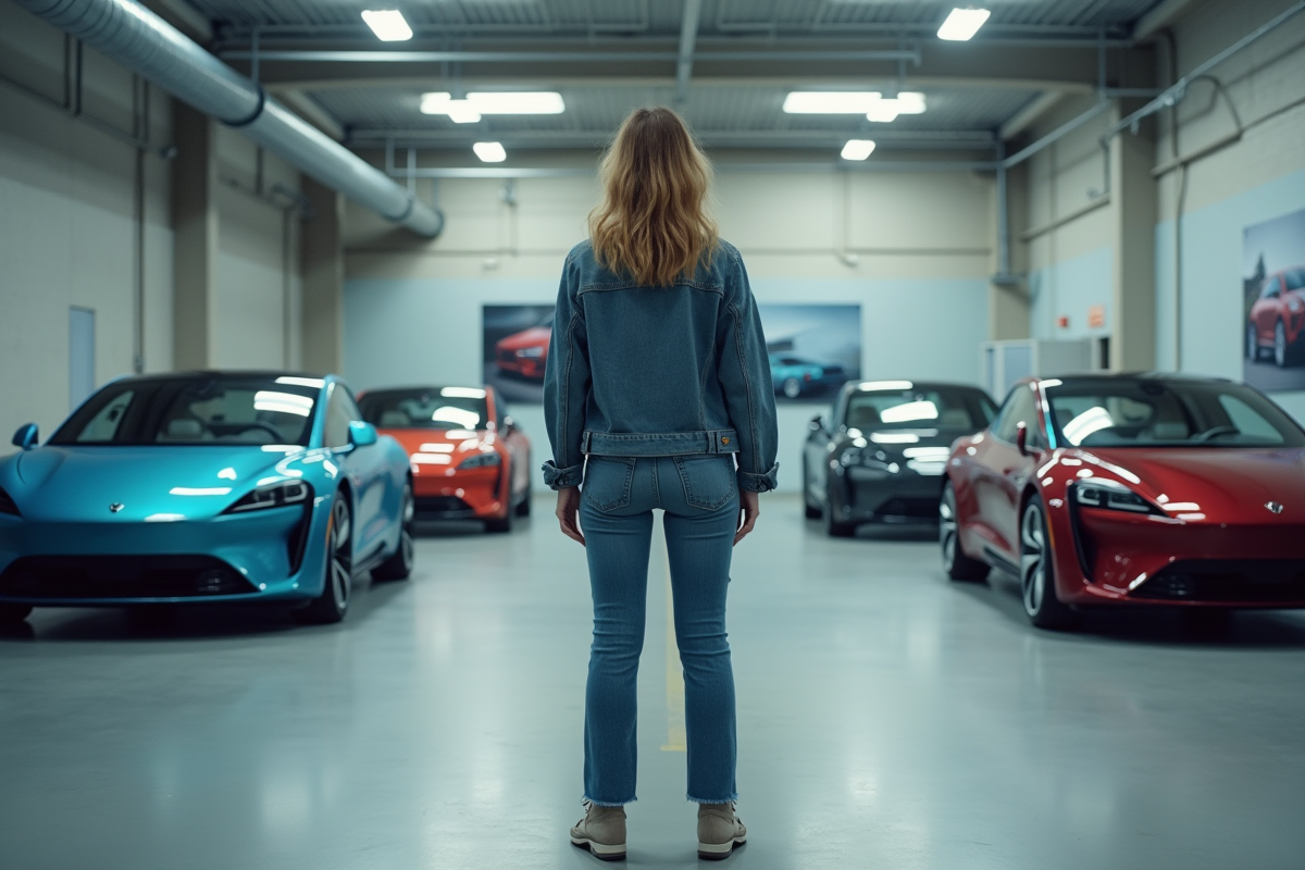 Jeune femme dans un showroom de voitures électriques vides