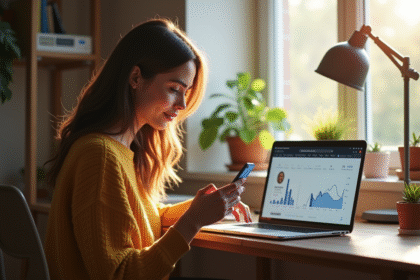Jeune femme utilisant son smartphone avec profil Instagram et gains