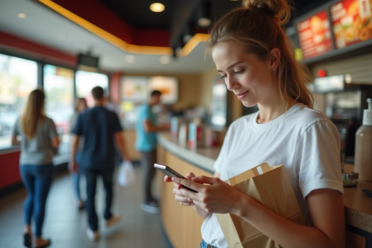 Jeune femme consultant son smartphone avec un ticket de fast food pour accéder à BKvousecoute.fr
