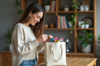 Jeune femme souriante déballant un sac tote dans la cuisine