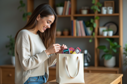 Jeune femme souriante déballant un sac tote dans la cuisine