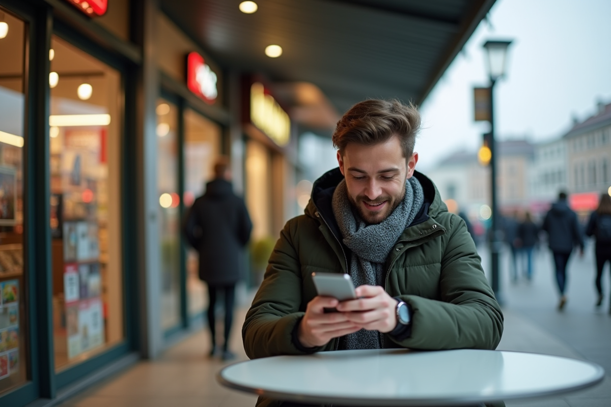 Jeune homme vérifiant ses points de fidélité au cafe