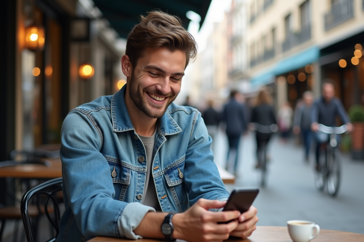 Jeune homme détendu dans un café urbain en utilisant son smartphone