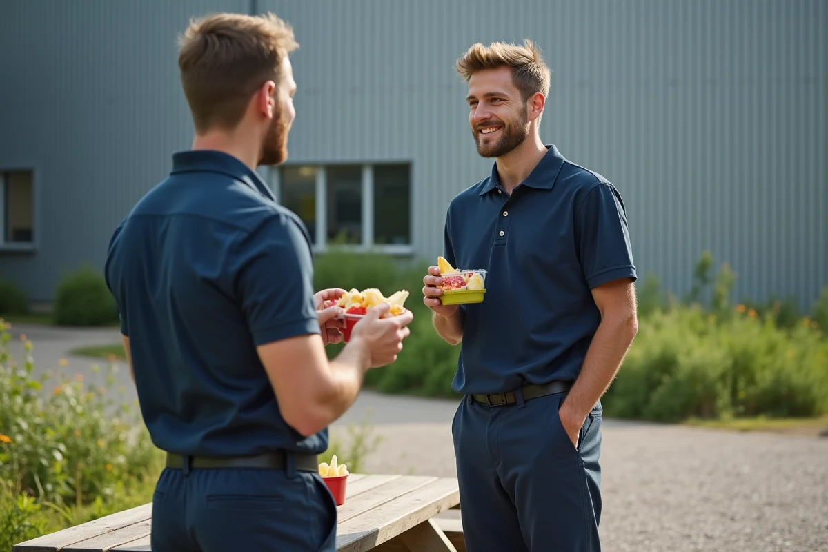 Jeune homme mangeant des fruits en pause extérieure usine