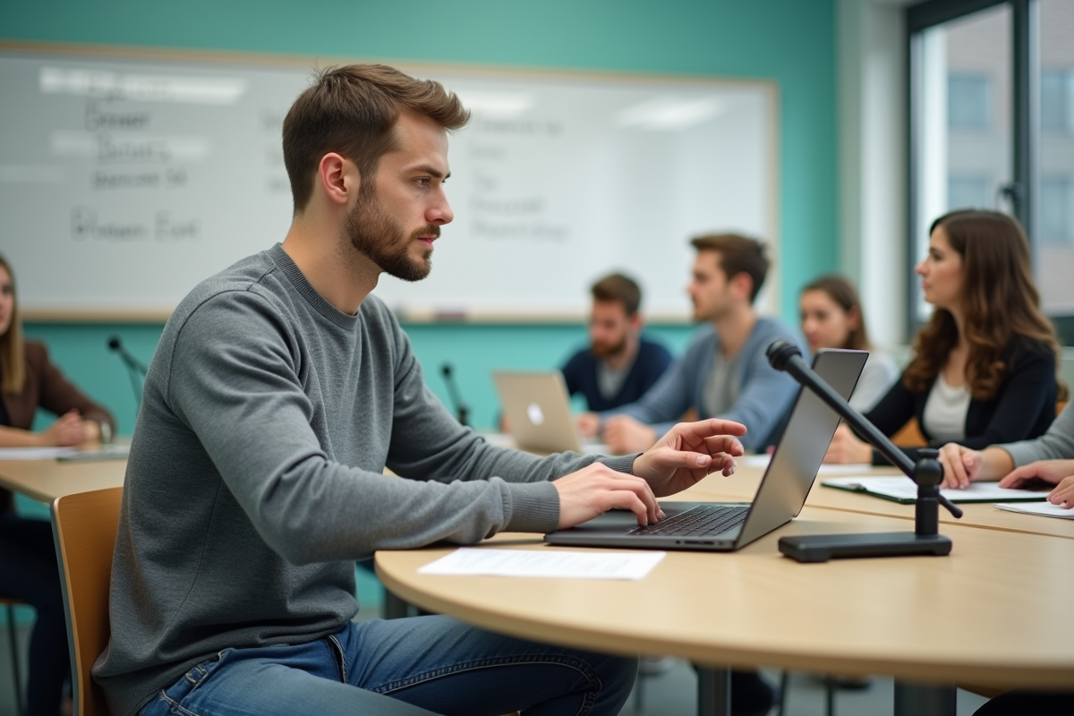 Jeune homme en classe universitaire ajustant son ordinateur portable