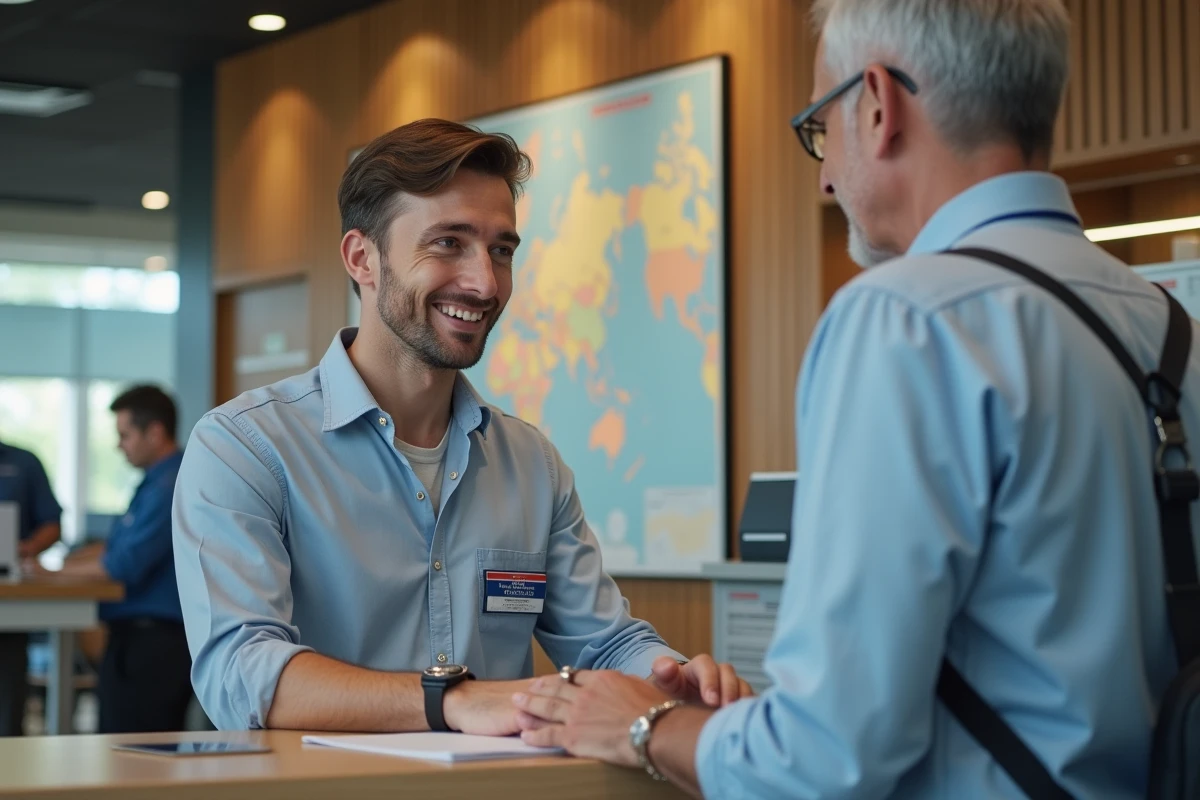 Jeune homme avec badge en échange avec un mentor dans un bureau de poste