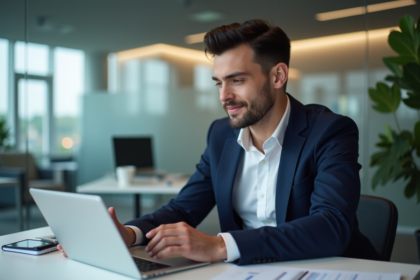 Jeune homme d'affaires en costume analysant des données