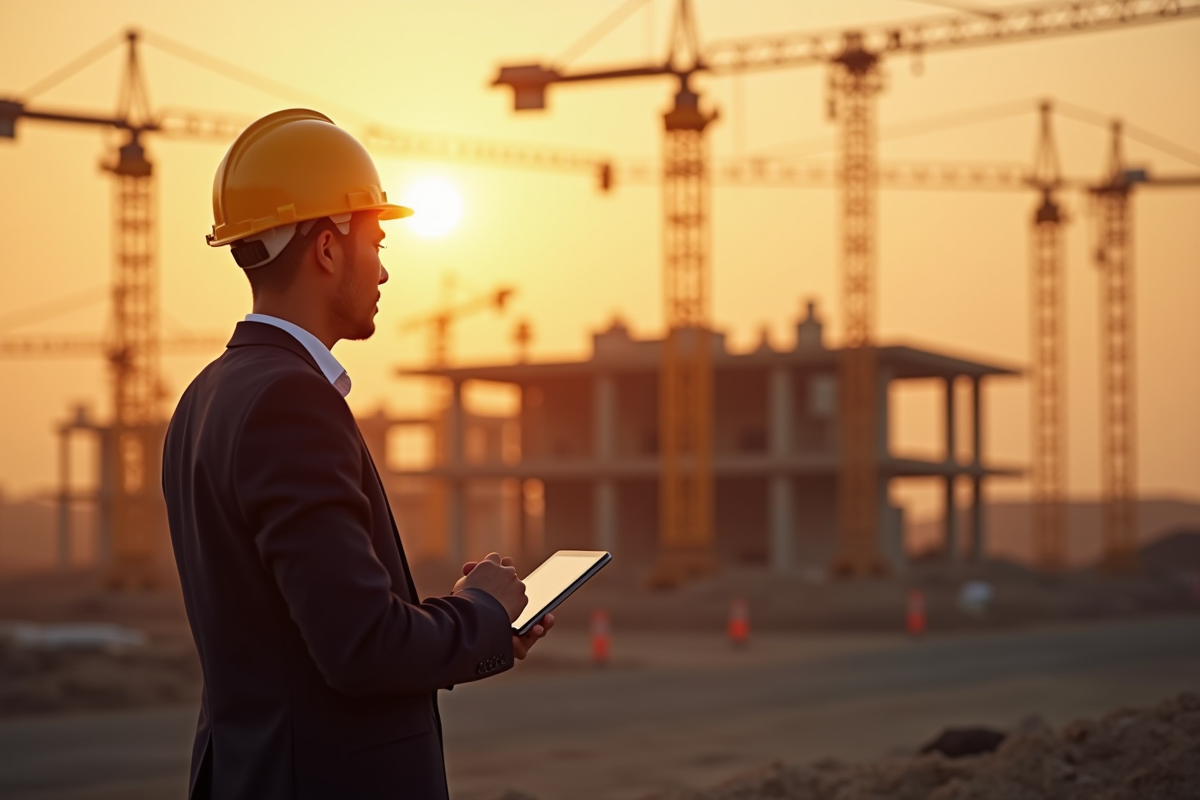 Jeune professionnel observant un chantier industriel au coucher du soleil