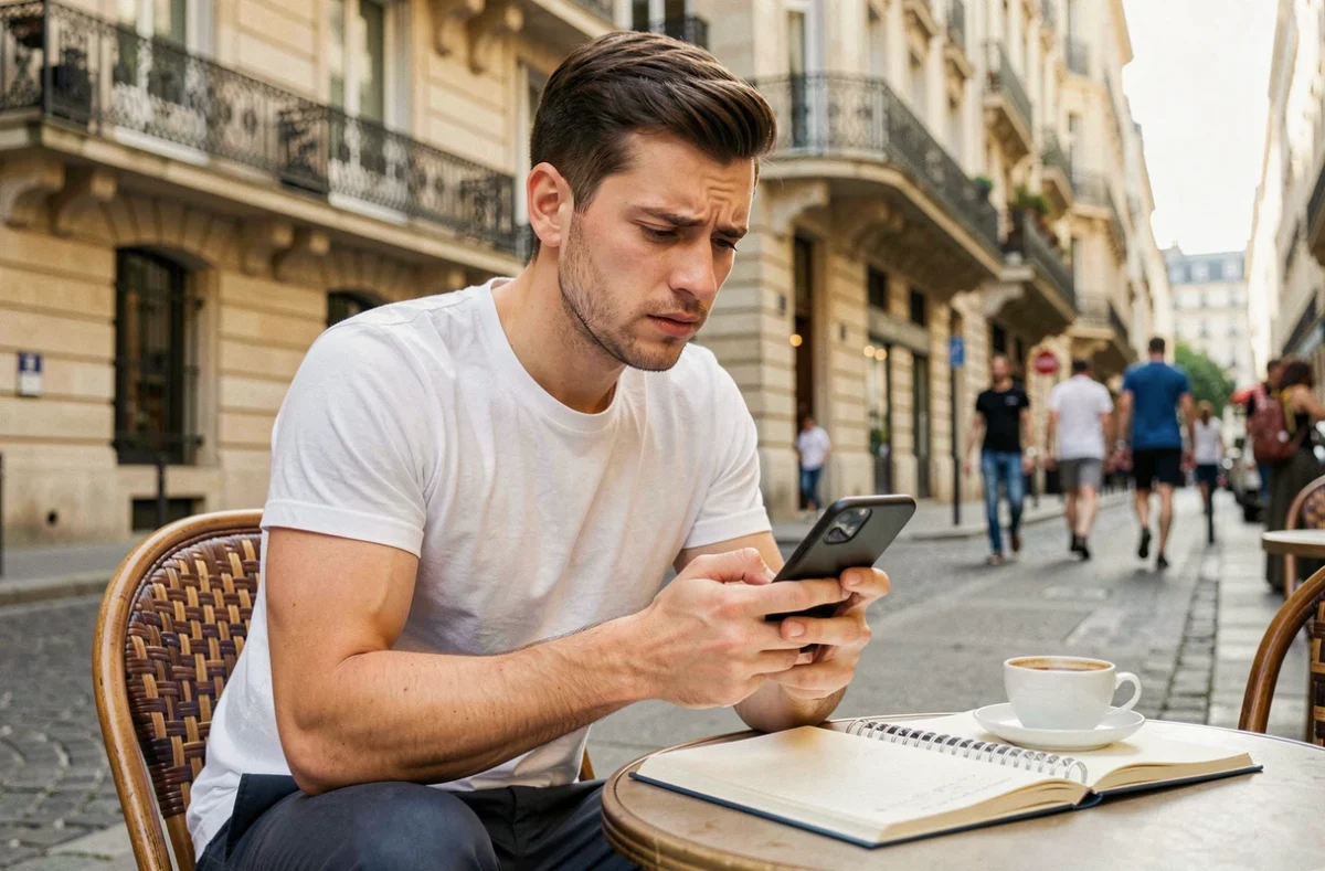 Jeune salarié en terrasse de café consultant son téléphone sur ses droits aux congés d'été