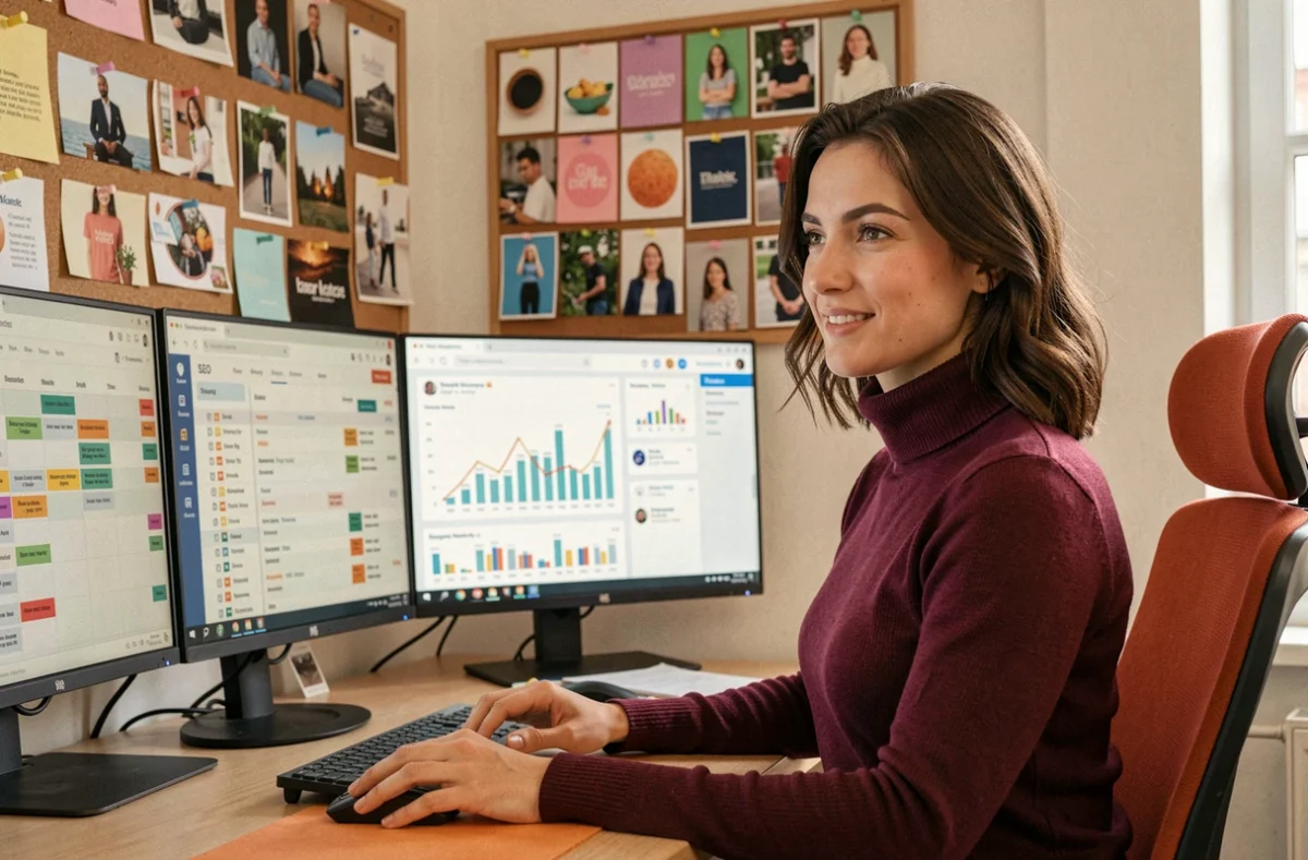 Stratège digitale de l'agence K4tegori à Strasbourg travaillant simultanément sur une stratégie SEO et des métriques de réseaux sociaux dans un bureau créatif et coloré