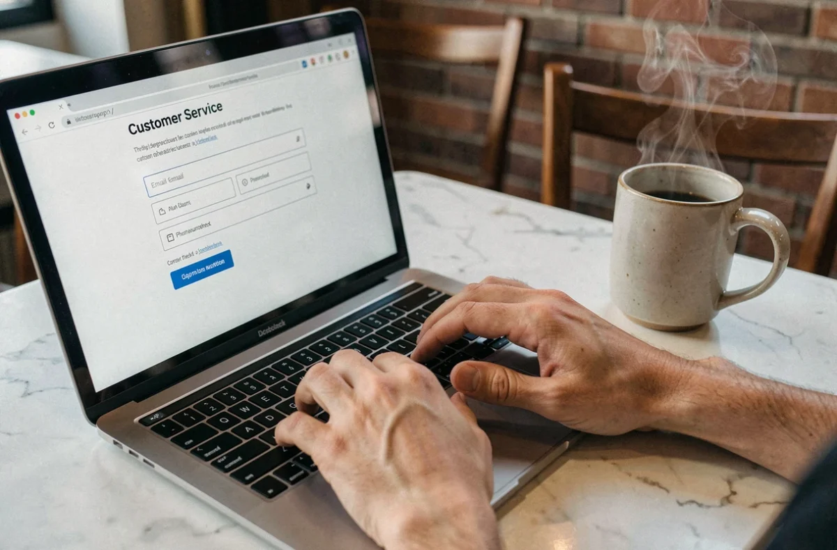 Gros plan sur des mains tapant sur un ordinateur pour accéder à la page de contact d'un service client