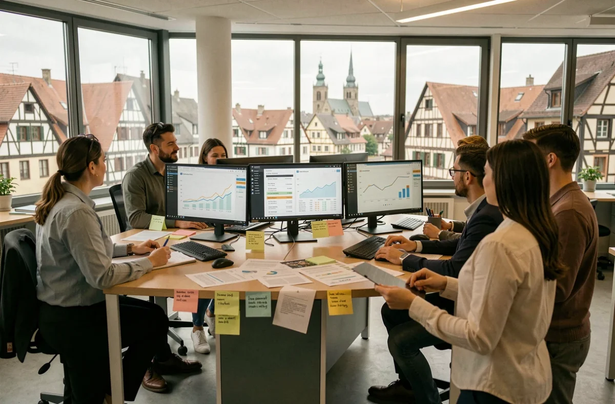 Vue panoramique d'un bureau moderne dans le Grand Est avec une équipe de consultants SEO collaborant devant des écrans affichant des tableaux de bord d'analytique web