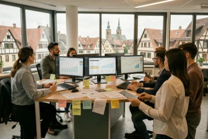 Vue panoramique d'un bureau moderne dans le Grand Est avec une équipe de consultants SEO collaborant devant des écrans affichant des tableaux de bord d'analytique web