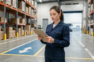 Femme en uniforme dans un entrepôt logistique, illustrant les métiers qui recrutent le plus en France