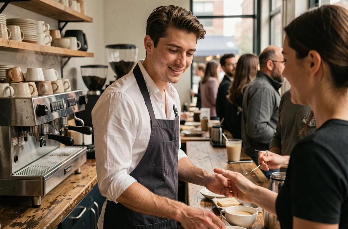 Jeune homme travaillant dans un café de service, représentant les secteurs en tension qui recrutent continuellement