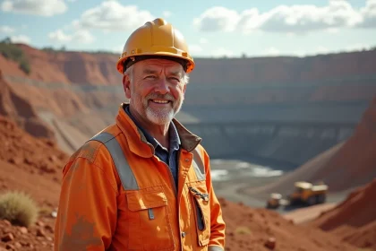 Mineur australien souriant devant une mine à ciel ouvert