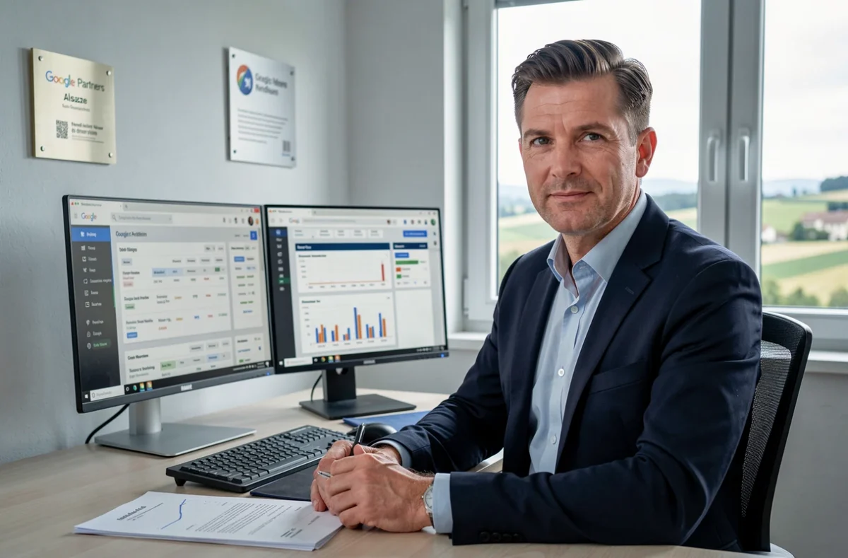 Consultant SEO et SEA certifié Google Partners de l'agence MKH à Nordheim devant un tableau de bord Google Ads et un rapport de performance organique dans un bureau à domicile professionnel