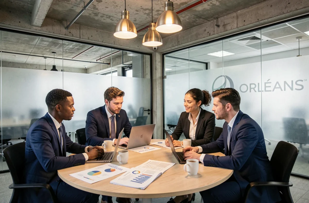 Équipe de Movo Groupe à Orléans en réunion de conseil stratégique autour d'une table de travail collaborative