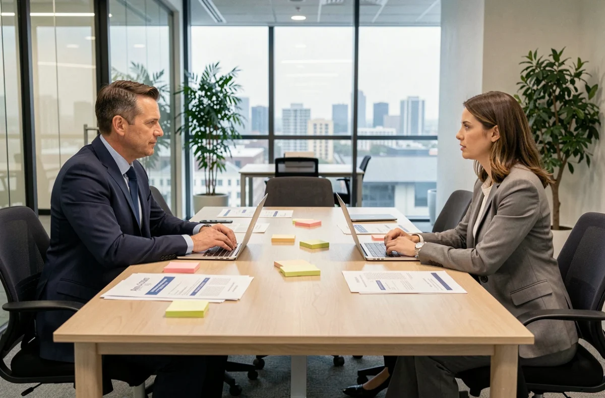 Deux professionnels en train de négocier le prix d'un contrat de location de bureau autour d'une table de réunion