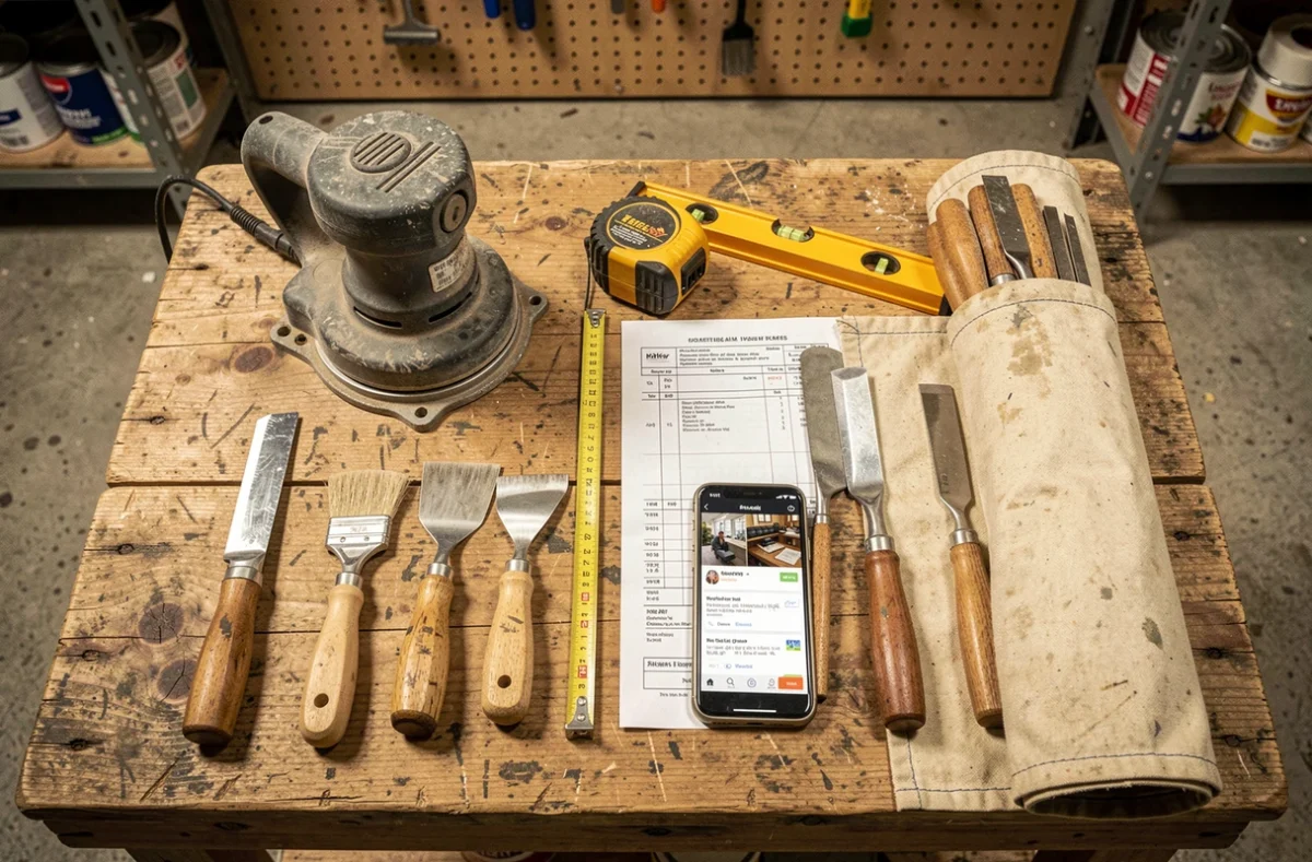 Vue à plat d'outils de rénovation d'occasion sur un établi en bois avec facture et application de revente sur smartphone