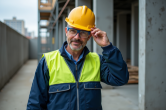 Ouvrier de chantier ajustant son casque de sécurité sur un site actif