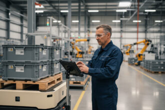 Ouvrier en usine utilisant une tablette avec robot autonome