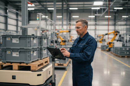 Ouvrier en usine utilisant une tablette avec robot autonome