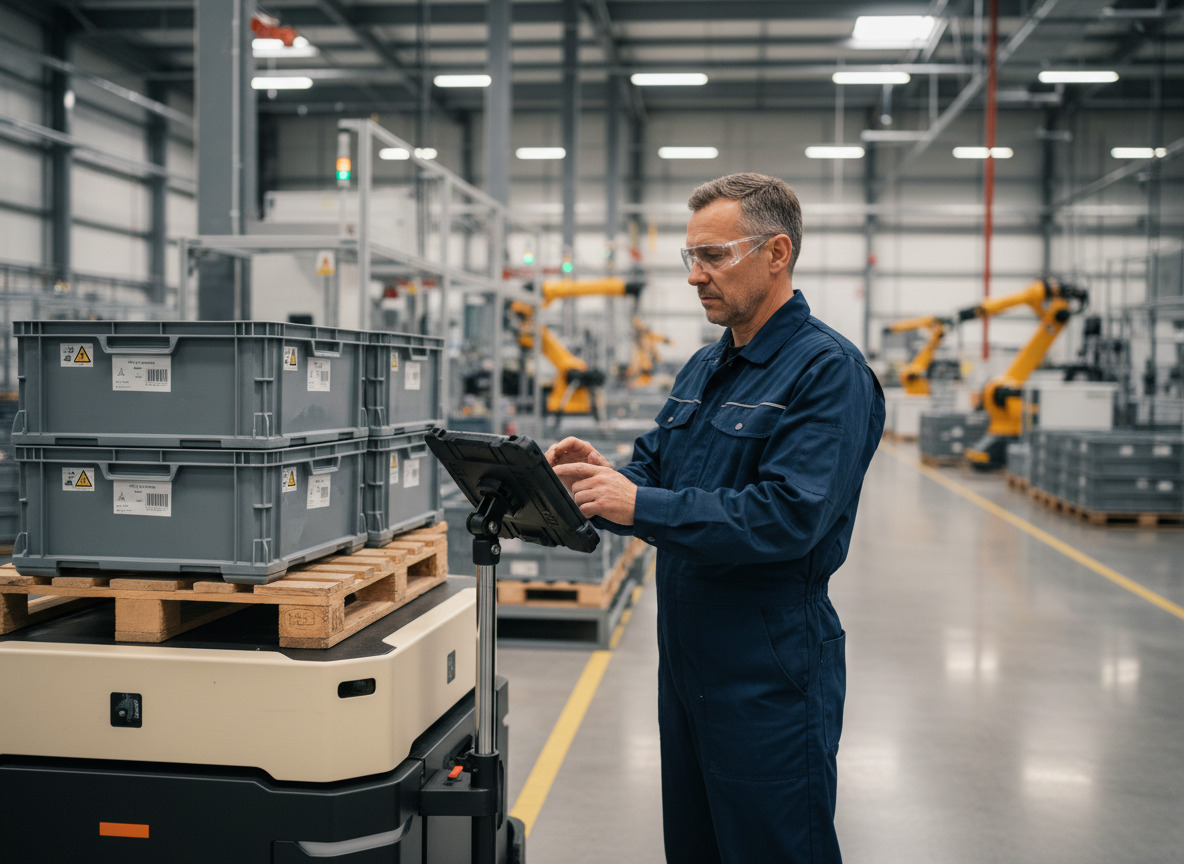Ouvrier en usine utilisant une tablette avec robot autonome