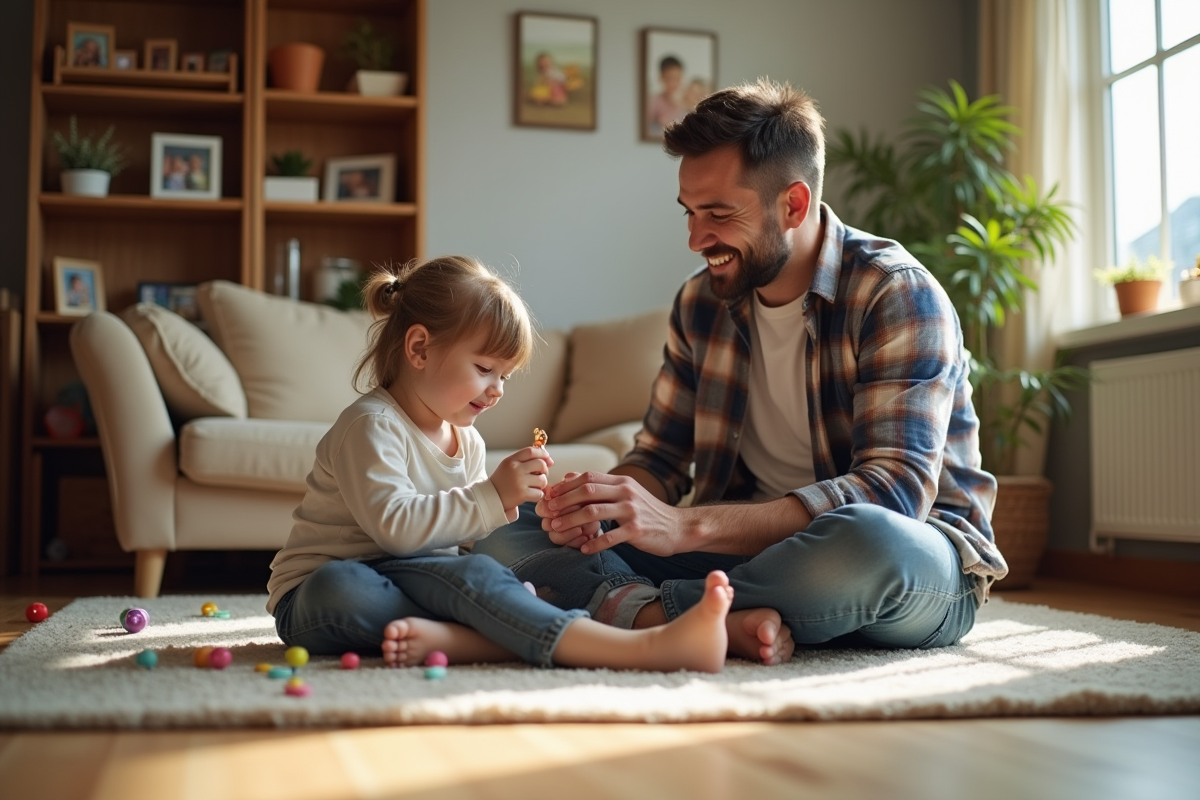 Père jouant avec sa fille dans un salon lumineux