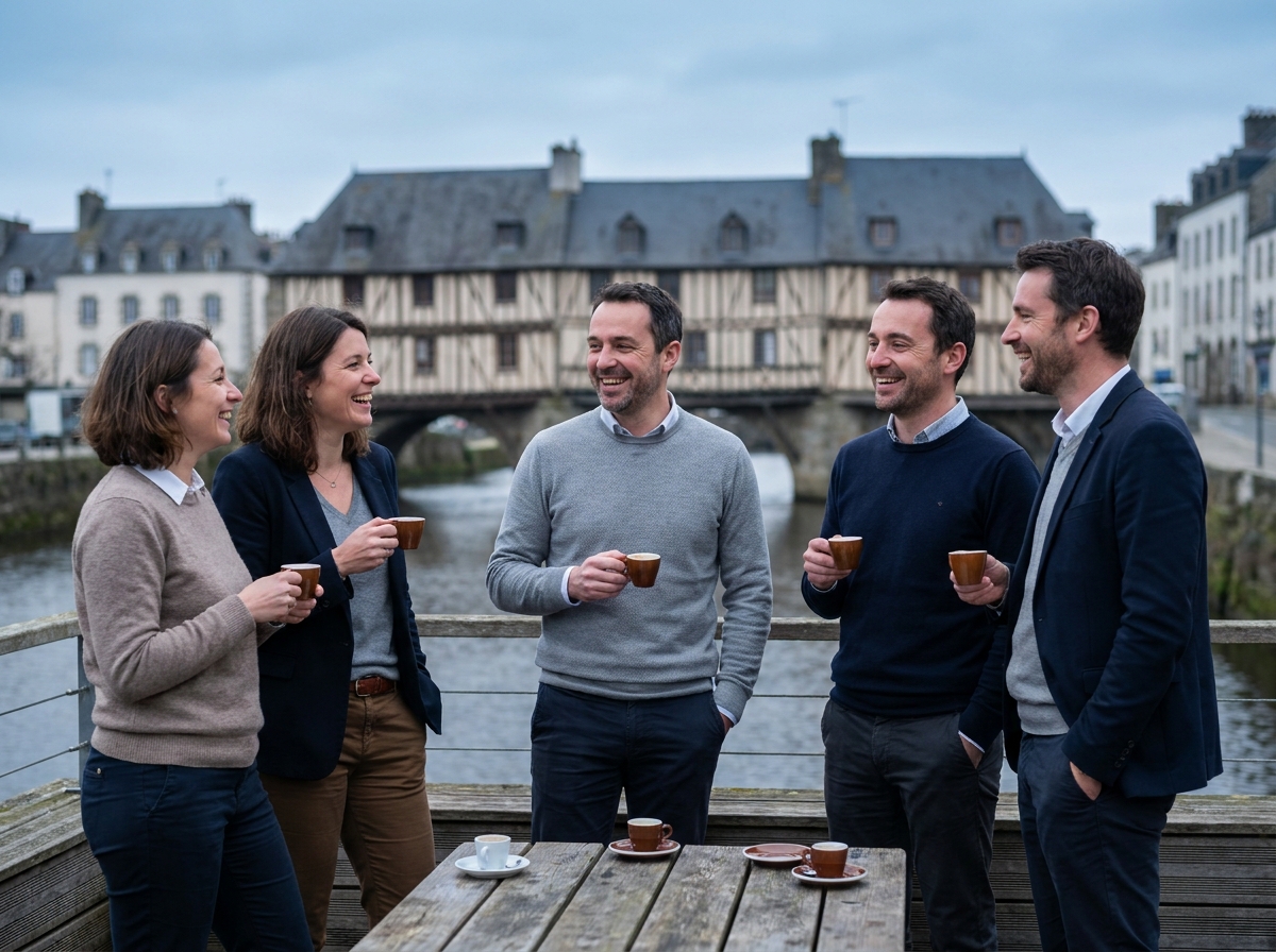 Professionnels en pause café lors d'un séminaire avec vue sur le Pont de Rohan à Landerneau