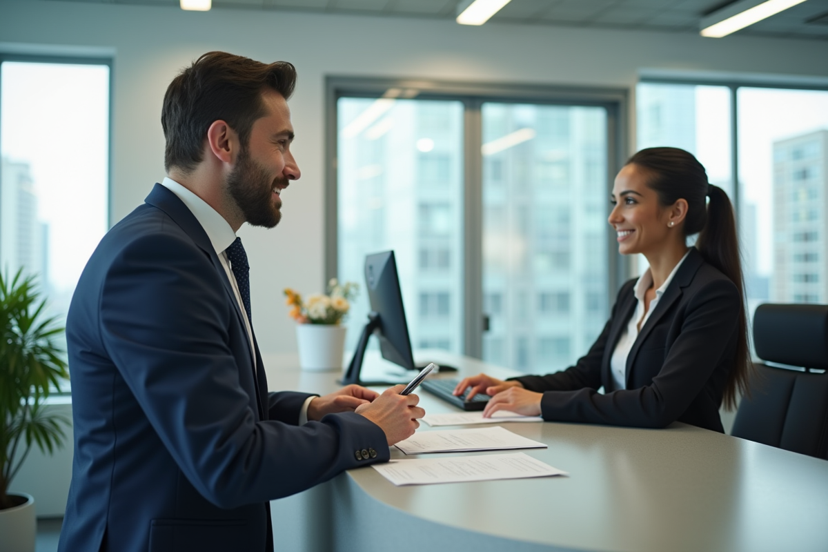 Personne élégante dans un bureau moderne parlant à une réceptionniste