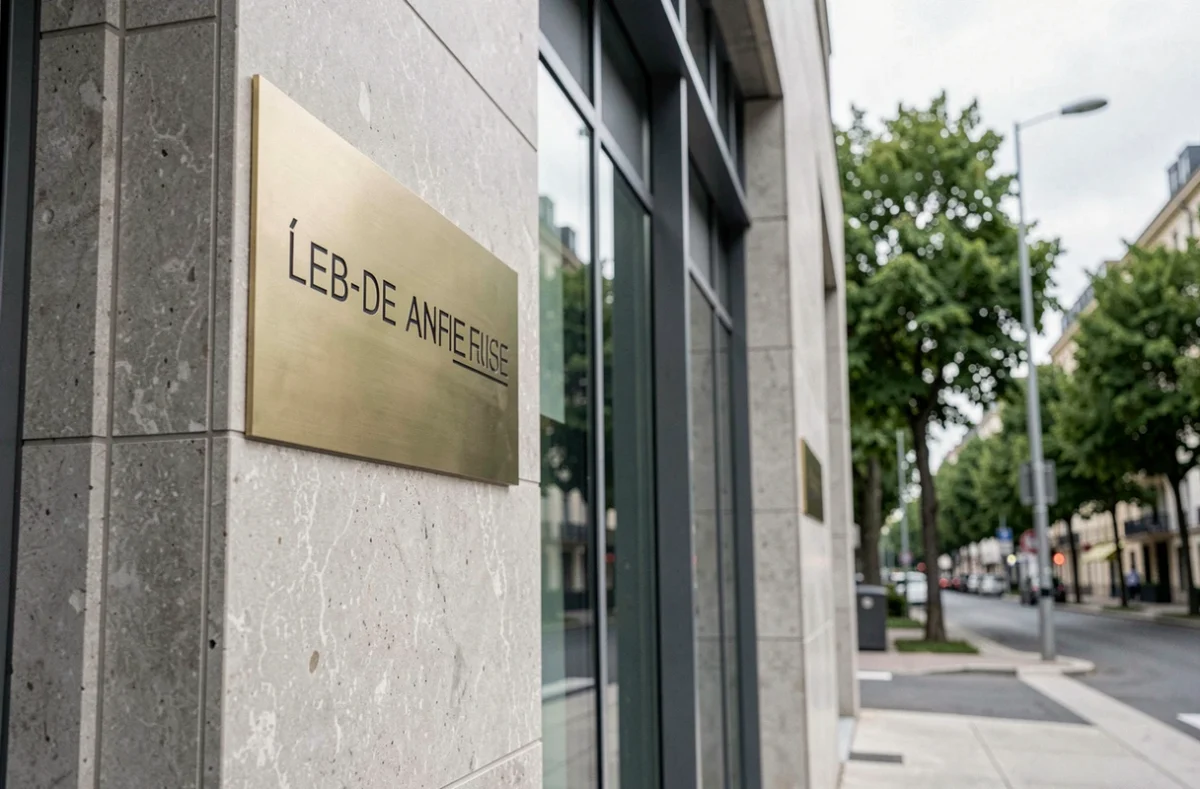 Plaque professionnelle sur la façade d'un immeuble de bureaux pour la domiciliation d'entreprise à Boulogne-Billancourt