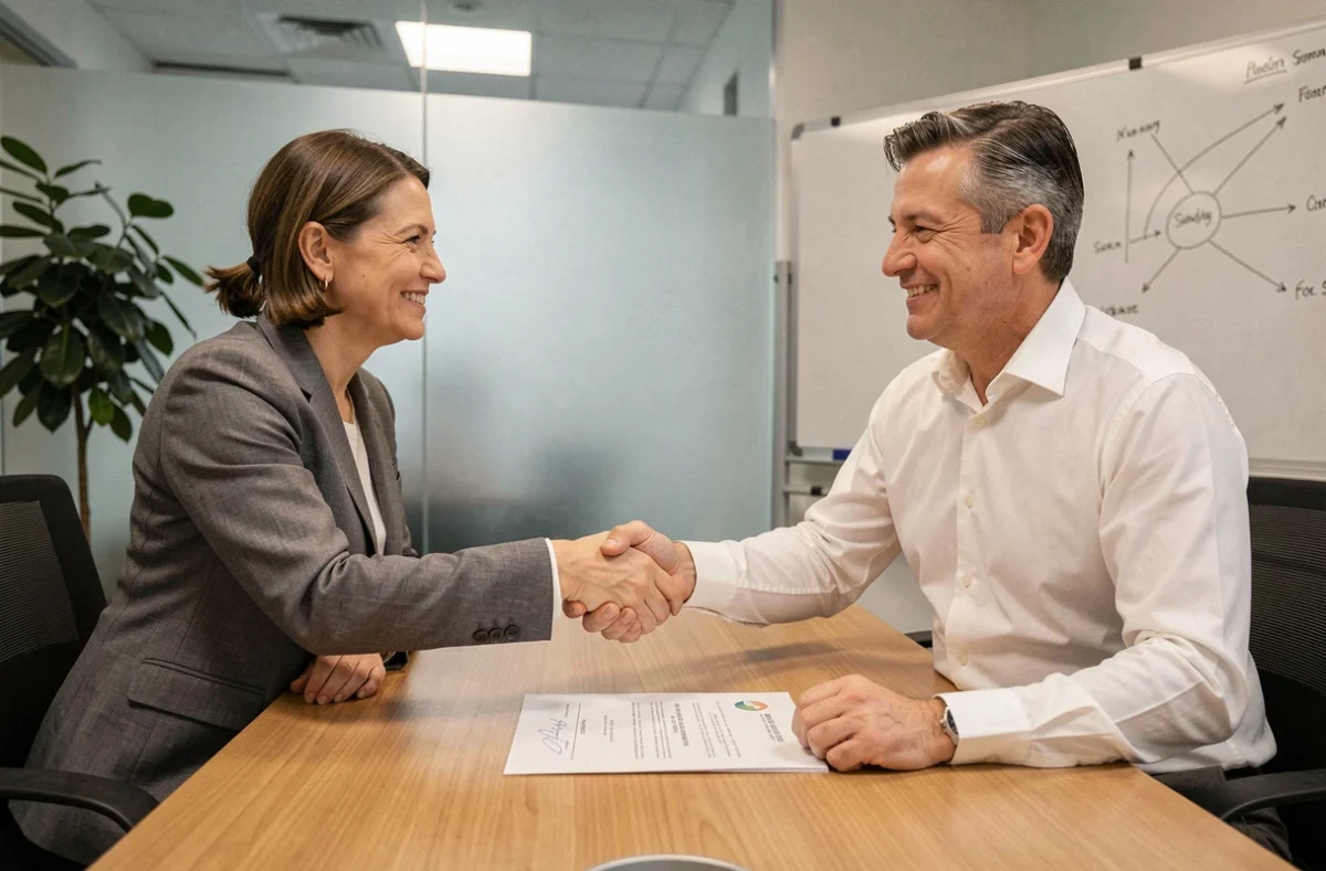 Deux professionnels B2B se serrant la main après la signature d'un contrat commercial dans une salle de réunion épurée