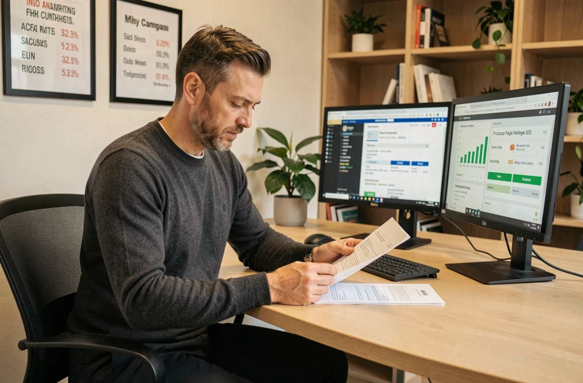 Expert en e-marketing de l'agence Première Place à Mulhouse examinant des rapports SEO e-commerce sur deux écrans dans un bureau professionnel élégant