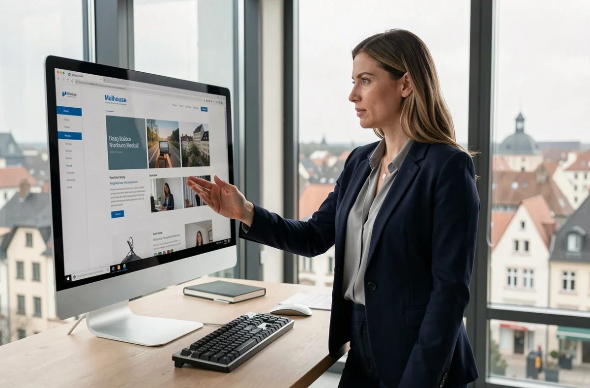 Professionnelle d'une agence web à Mulhouse présentant un projet de création de site internet