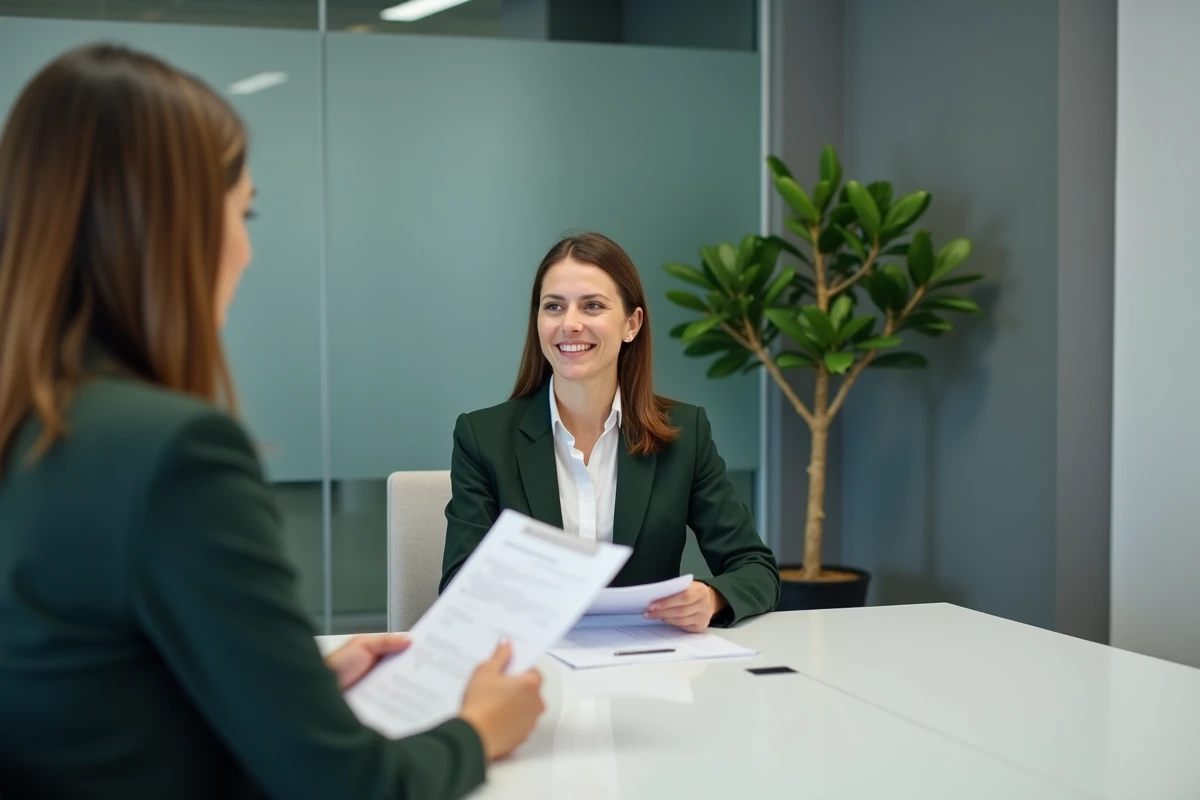 Femme candidate se préparant à un entretien d'embauche grâce à Gozmap dans une salle de réunion
