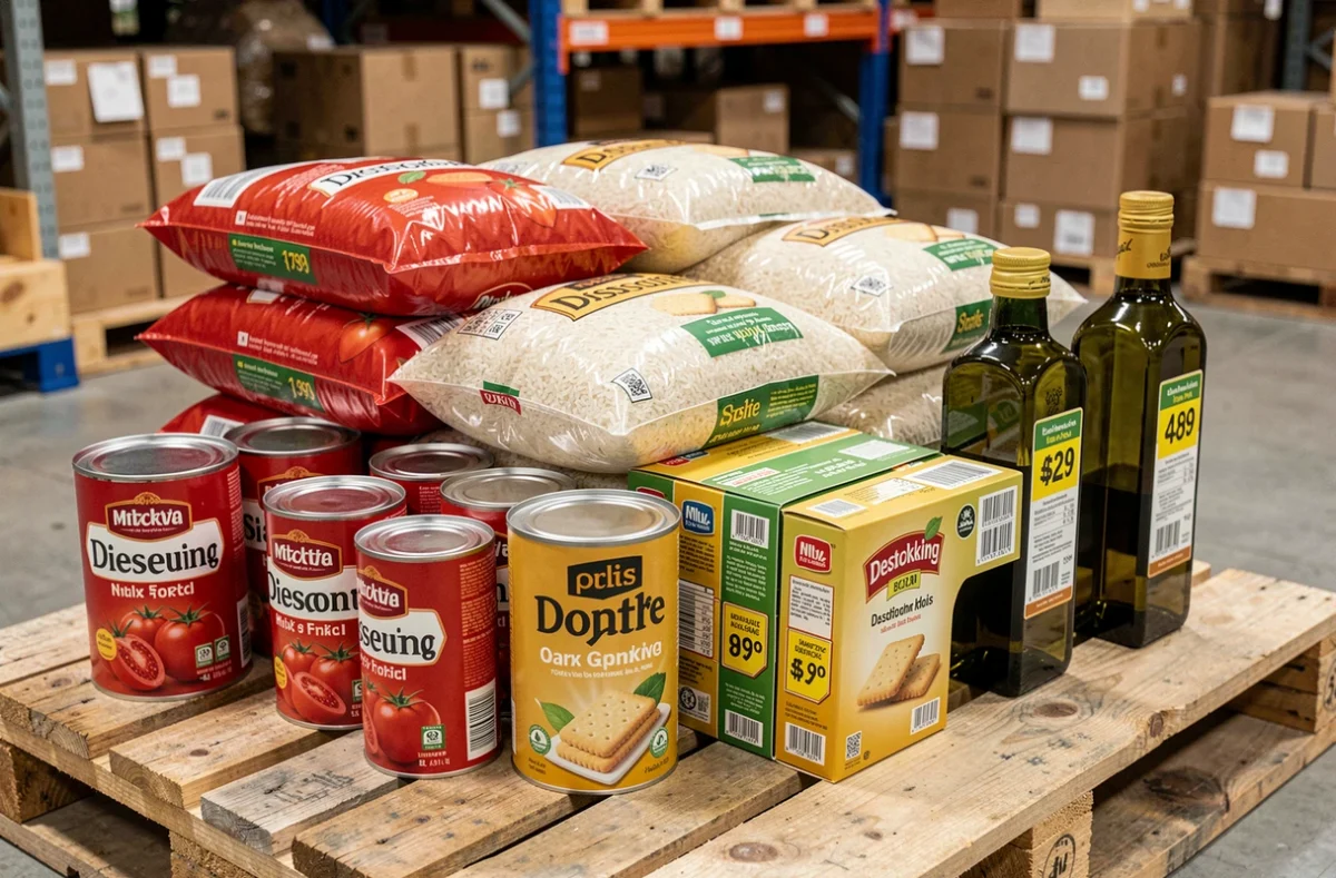 Gros plan sur des produits alimentaires en gros avec étiquettes déstockage sur palette dans un entrepôt discount