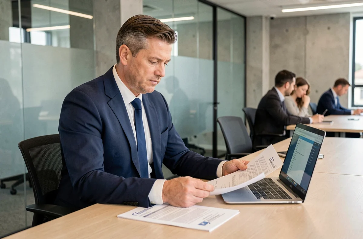 Professionnel en costume marine analysant des contrats B2B sur un ordinateur portable dans un bureau moderne en open space
