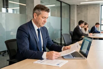 Professionnel en costume marine analysant des contrats B2B sur un ordinateur portable dans un bureau moderne en open space