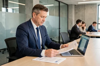 Professionnel en costume marine analysant des contrats B2B sur un ordinateur portable dans un bureau moderne en open space