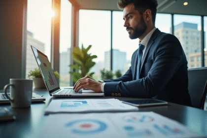 Professionnel au bureau examinant des documents avec icônes d'assurance