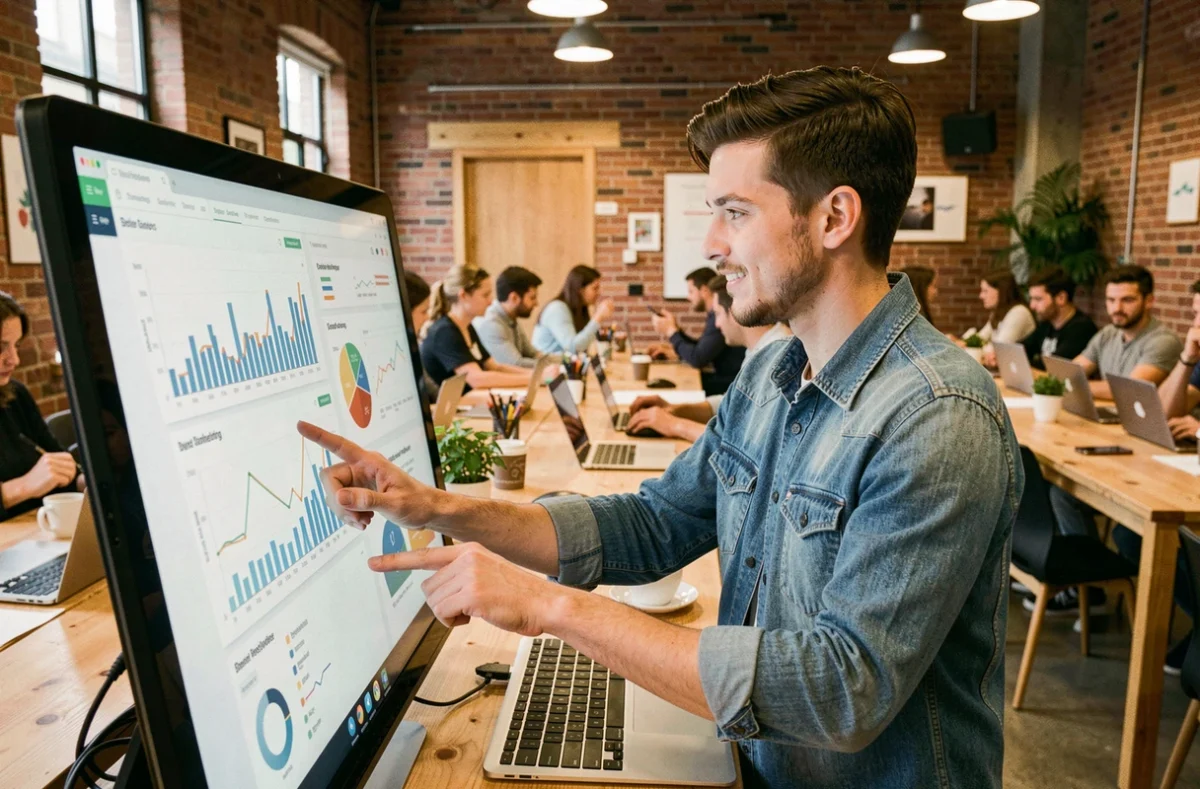 Jeune professionnel dans un espace de coworking analysant des données du secteur tertiaire sur écran tactile
