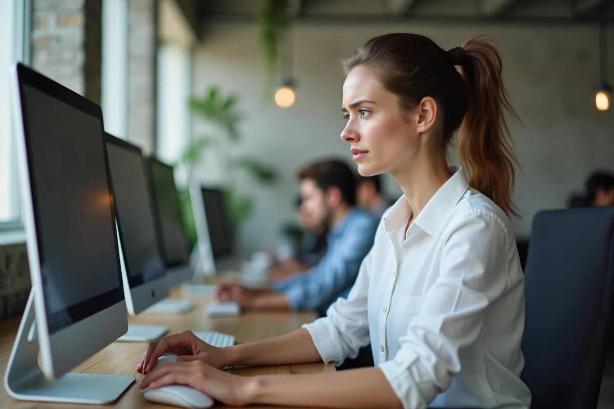 Jeune professionnelle en open space essayant de résoudre une erreur lors de sa première connexion à un espace client