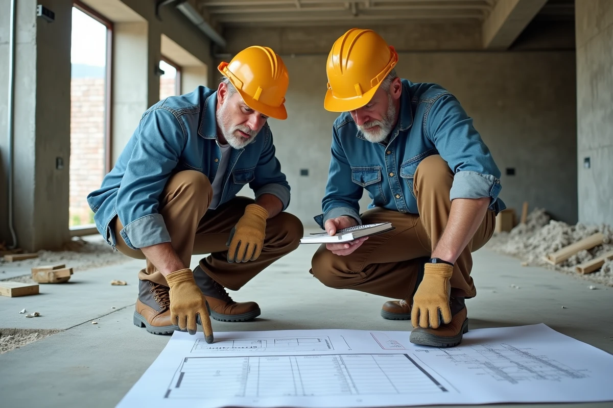 Deux professionnels du BTP étudiant les estimations de prix et les plans de chantier pour optimiser la rentabilité