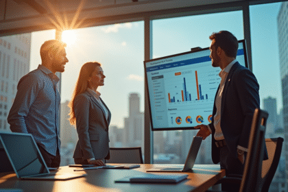 Trois professionnels en réunion avec tableau de bord CRM