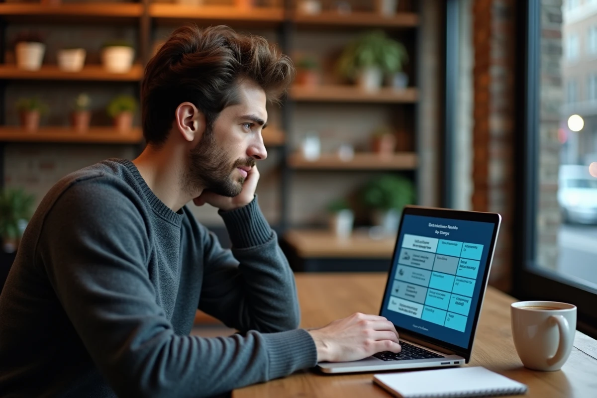 Jeune professionnel consultant son profil cognitif et comportemental PI sur un ordinateur portable dans un café