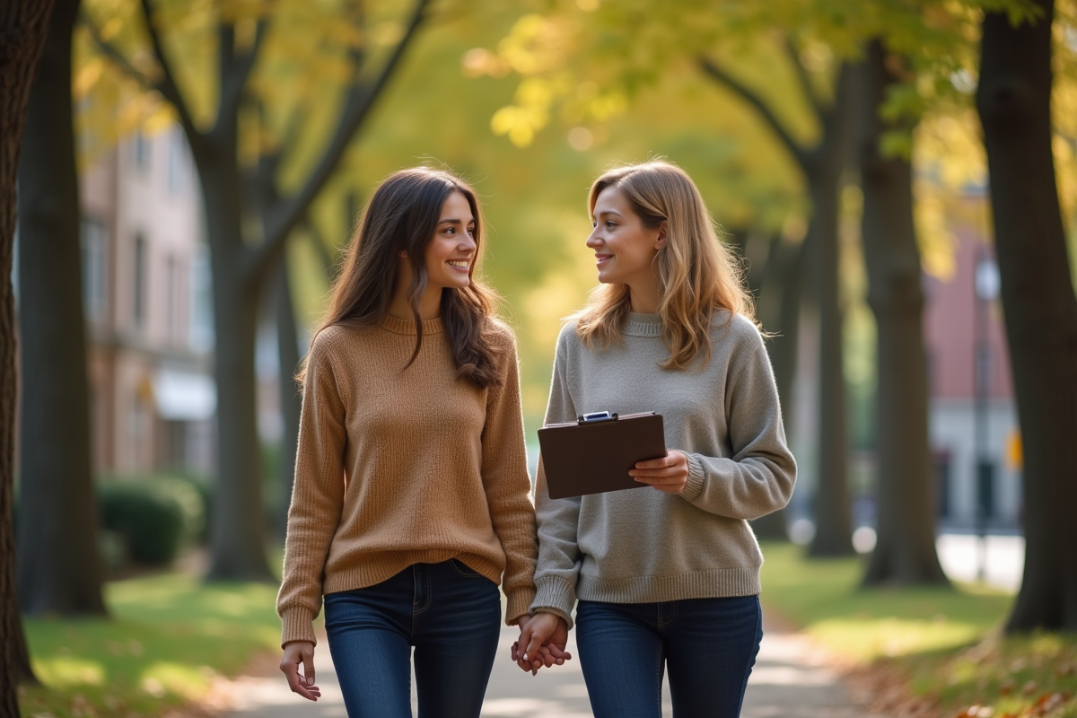 Jeune femme et conseillère marchant dehors