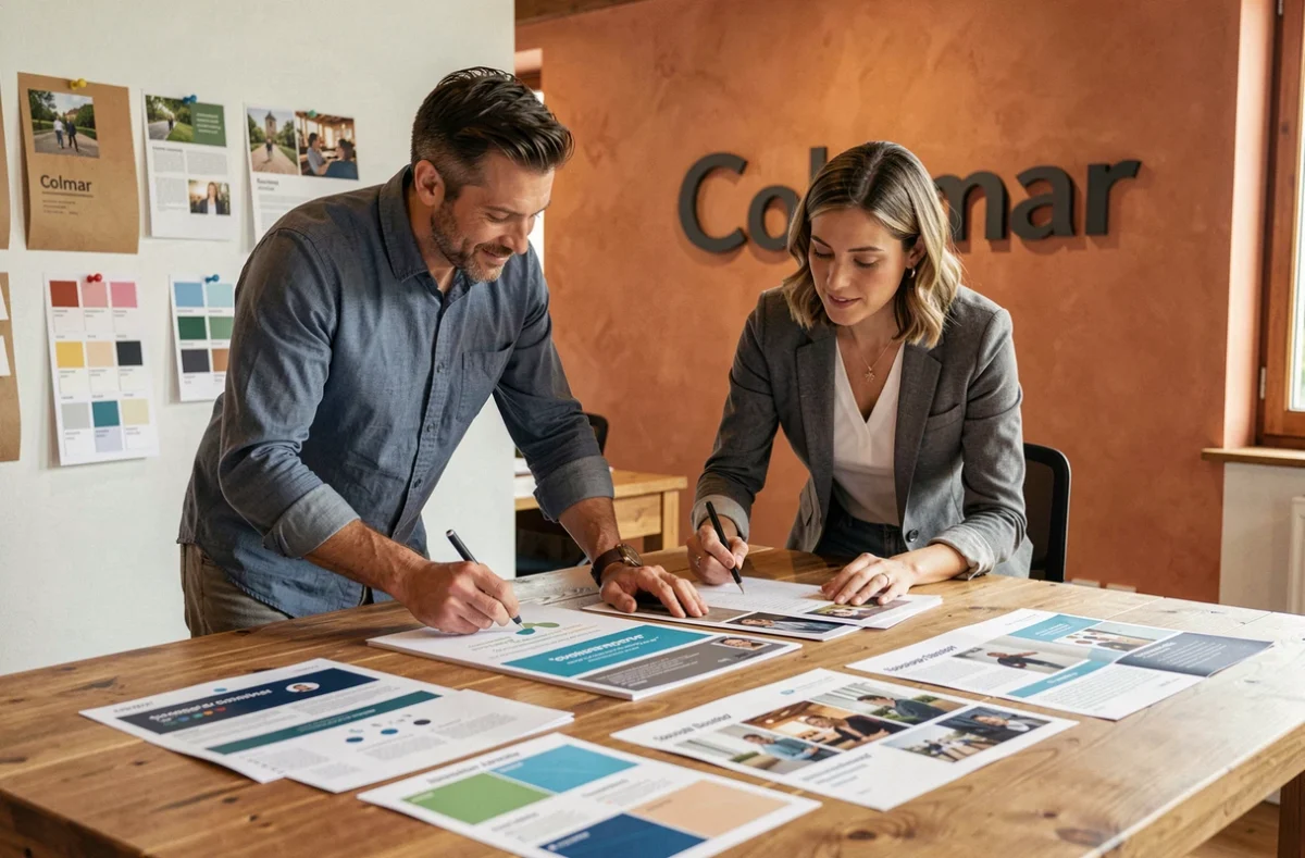 Équipe de l'agence de communication Prospectiv à Colmar examinant des supports de campagne créative